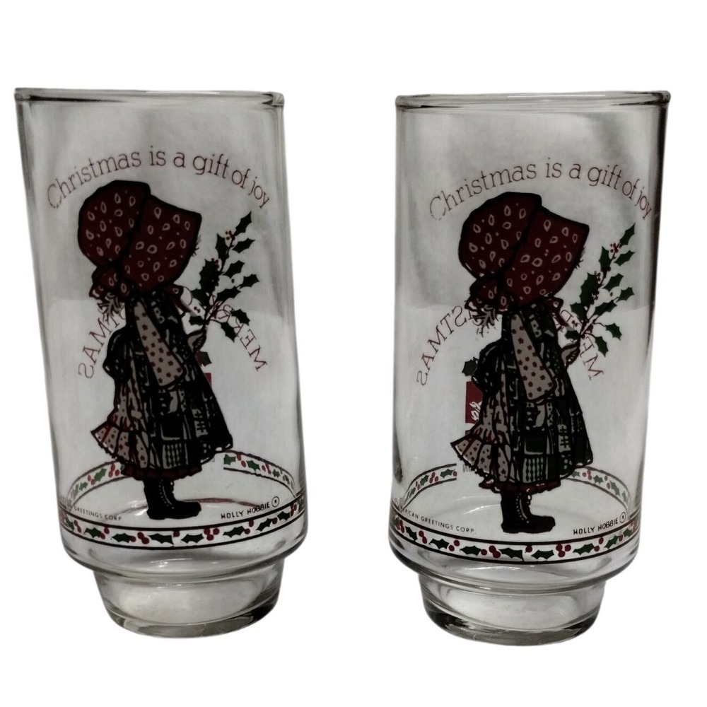 Set of 2 Holly Hobbie Coca-Cola Christmas Glasses 1970s Vintage Limited Edition